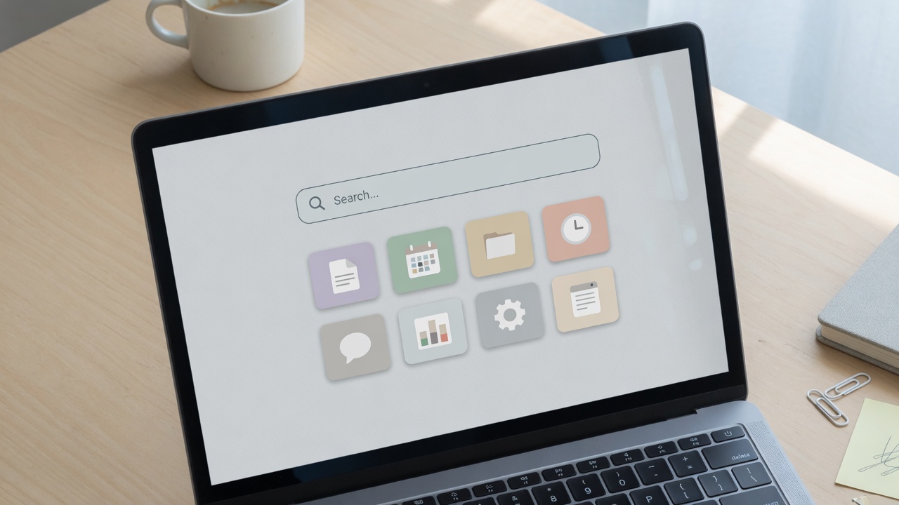 Open laptop on a desk showing a simple unbranded search screen and generic app tiles