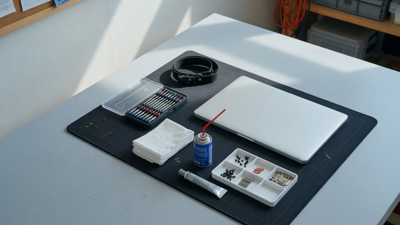 Clean laptop workbench with a closed laptop, screwdriver set, cloths, and small parts tray