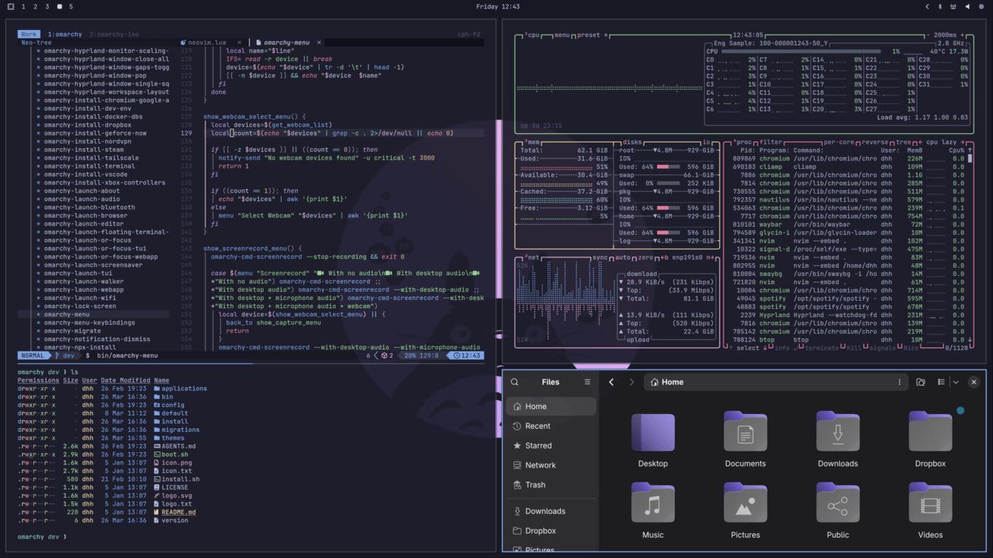 Omarchy Linux desktop in the Catppuccin theme, with tiled terminal, system monitor, and file windows