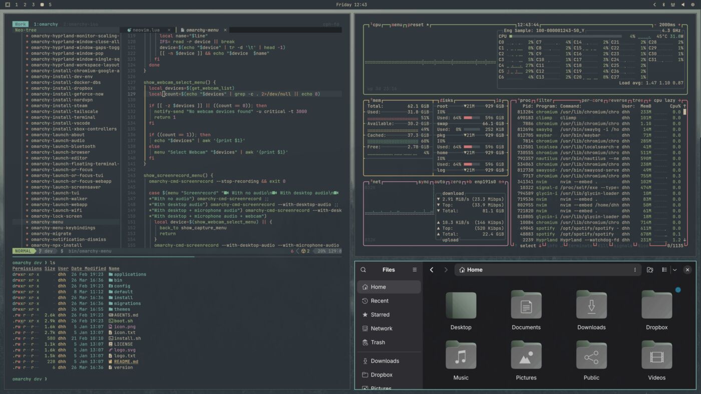 Omarchy Linux desktop in the Everforest theme, with tiled terminal, system monitor, and file windows