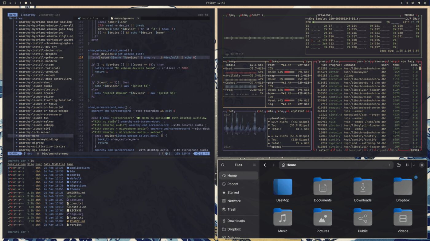 Omarchy Linux desktop in the Kanagawa theme, with tiled terminal, system monitor, and file windows