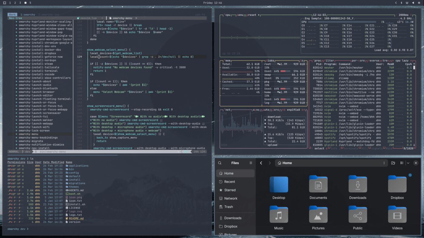 Omarchy Linux desktop in the Nord theme, with tiled terminal, system monitor, and file windows