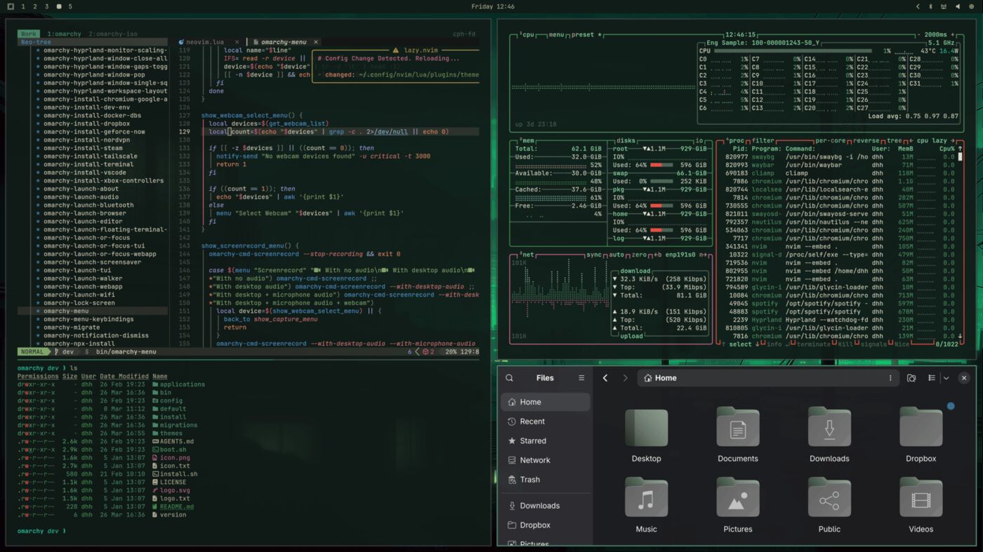 Omarchy Linux desktop in the Osaka Jade theme, with tiled terminal, system monitor, and file windows