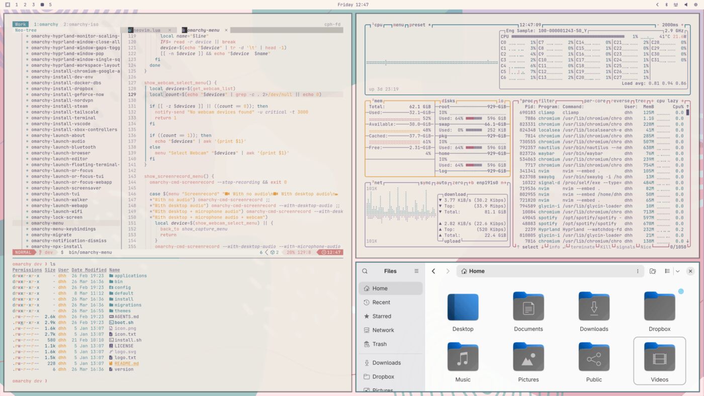 Omarchy Linux desktop in the Rose Pine theme, with tiled terminal, system monitor, and file windows