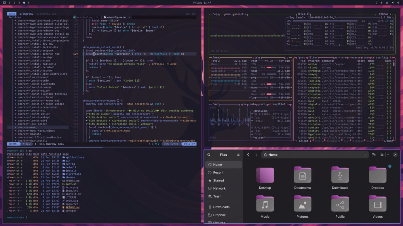 Omarchy Linux desktop in the Tokyo Night theme, with tiled terminal, system monitor, and file windows