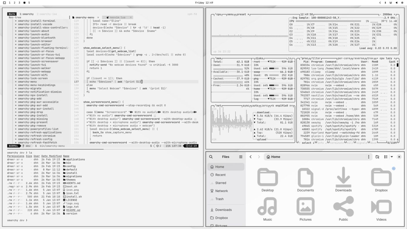 Omarchy Linux desktop in the White theme, with tiled terminal, system monitor, and file windows