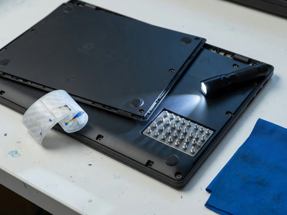 Laptop bottom cover on a workbench with screws in a tray, a flashlight, a microfiber cloth, and a roll of tamper-evident stickers