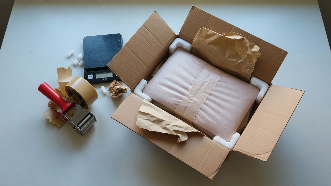 Open shipping box with a foam-wrapped laptop, packing paper, tape, and a small scale on a workshop table